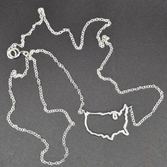 Sterling‎ Silver USA Outline Necklace, 18 Inch, Minimalist Map, 925, 1.75g - Picture 3 of 5